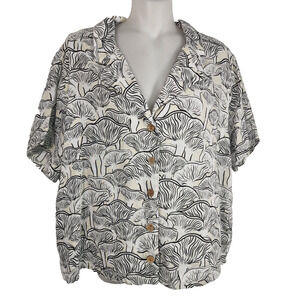 Rachel Zoe Womens 100% Linen Button Front Mushroom Print Blouse L Beige Black
